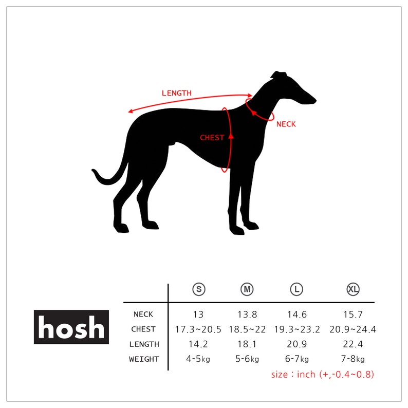 Puede incluir: Silueta negra de un perro con etiquetas de medici&oacute;n para cuello, pecho y longitud. Una tabla de tallas debajo muestra las medidas en pulgadas para las tallas S, M, L y XL, junto con el peso en kilogramos. Se muestra la marca "hosh".