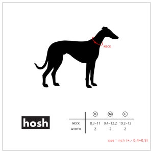 Puede incluir: Silueta negra de un perro con una gu&iacute;a de medici&oacute;n del cuello roja. La imagen incluye especificaciones de tama&ntilde;o para las medidas del cuello en pulgadas: S (8.3-11), M (9.4-12.2) y L (10.2-13). Tambi&eacute;n se muestra la marca "hosh".