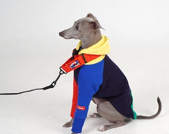Sudadera con capucha y forro polar para galgo italiano / Sudadera colorida para Iggy / Chaqueta cálida de patchwork para perro en azul marino y multicolor, amarillo y multicolor de hosh
