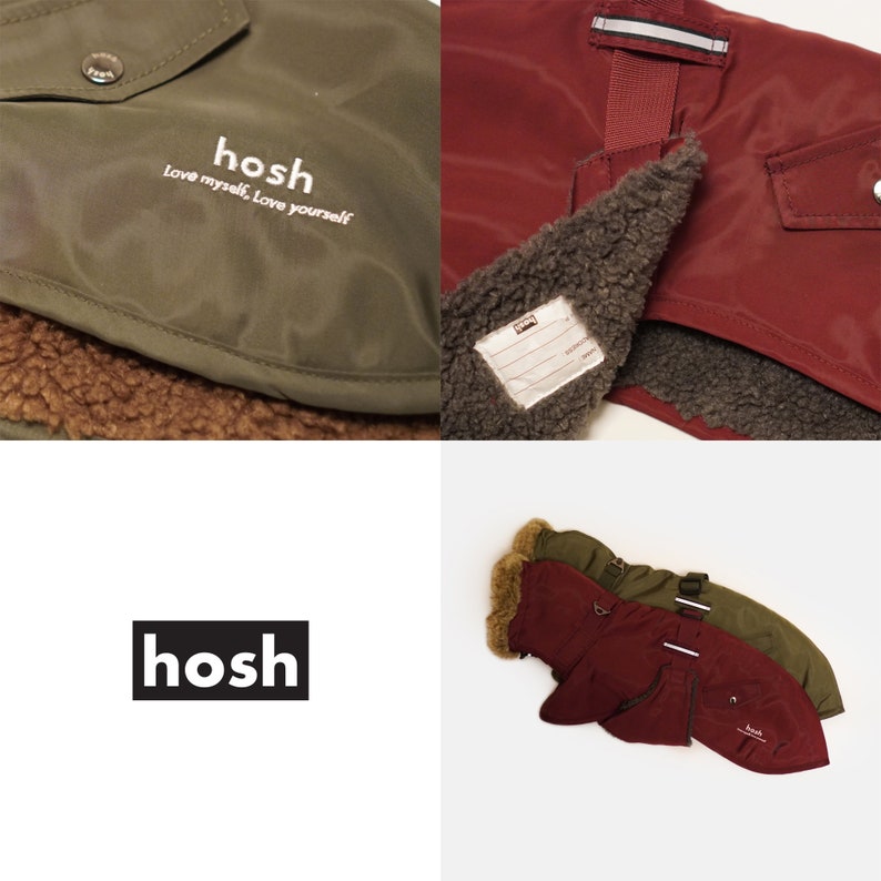 Puede incluir: Abrigos para perros verde oliva y burdeos con capucha forrada de piel sint&eacute;tica y un interior suave y afelpado. Los abrigos tienen un bolsillo y un cierre a presi&oacute;n. El nombre de la marca "hosh" est&aacute; impreso en el abrigo.