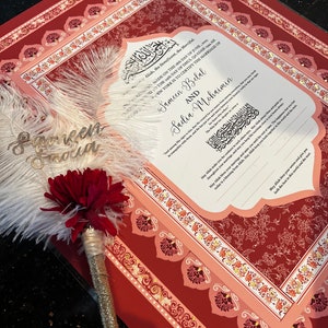 Pink/Red Nikahnama (Printed) Customizable Hand-designed Nikkah Muslim Wedding Contract Islamic Design nikkahnama floral arabic calligraphy