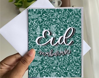 Eid Mubarak Card Emerald Green - Hand-drawn seamless pattern - printed card blank - customized/personalized