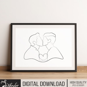 Gay Couple Kissing Line Art, LBGT, Gay, Gay Couple, Love, Continuous Line, Gay Wedding Gift, Gay Pride, Gay Art Print, Kissing Couple,Modern