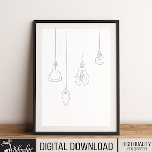 Dibujo de una línea de bombilla, momento de la bombilla, garabato de bombilla, decoración del hogar, bombilla minimalista, impresión de póster, decoración de pared con luz eléctrica
