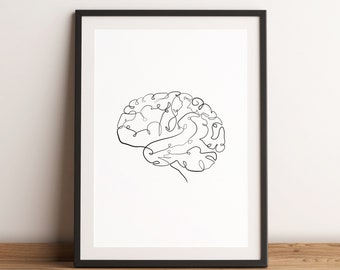 May include: A black and white line drawing of a human brain. The brain is drawn in a single continuous line, creating a minimalist and abstract design.