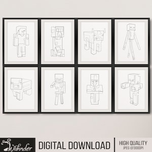 8 Block Abstract Line Drawing, Arte minimalista, Decorazione murale, Arte dei personaggi a blocchi, Poster di gioco, Decorazione murale di gioco, Line art, MC