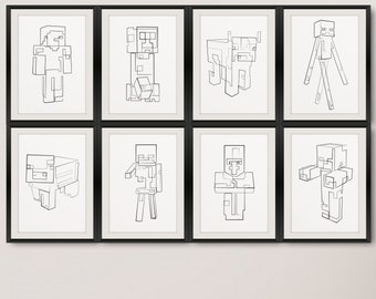 Dessin au trait abstrait en 8 blocs, art minimaliste, décoration murale, illustrations de personnages en blocs, affiche de jeu, décoration murale de jeu, dessin au trait, MC