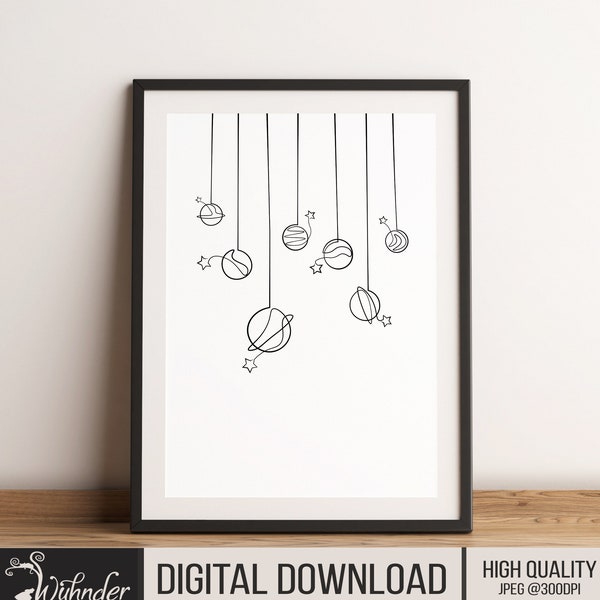 One Line Planets, Solar System Wall Decor, Little Planetoids, Continuous Line Drawing, Mini Universe, Space Wall art, Astrology Print,