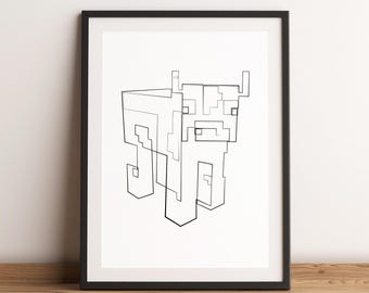Cow Block Abstract Line Drawing,  Minimalist Art, Wall Decor,  Block Character Art, Gaming Poster, Gaming Wall Decor, Line Art, MC