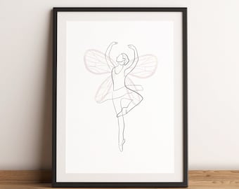 Minimalist Fairy print, Kids Wall Decor, Fairy One Line, Girls Bedroom Wall Art, Decor for Kids, Ballet Art, Ballet Decor, Ballet Wall Art,