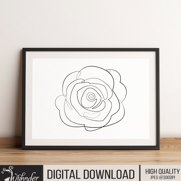 Abstract Rose Singular Line Drawing, Minimalist, Continuous Line, Digital Print, Love, Nature Art Valentines, Romance, Couple, Rose, Flower