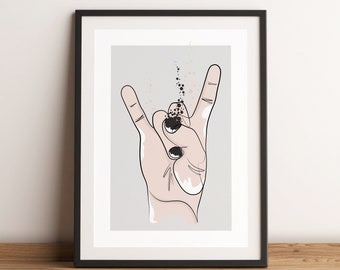 Rock on, Rock and roll, Continuous line , Hand, Hand Sign, Rock & Roll Poster, Abstract, Devil Horns, Sign of the horns, Rock On Art