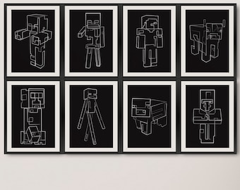8 Block Abstract Line Drawings, Minimalist Art, Wall Decor,  Block Character Art, Gaming Poster, Gaming Wall Decor, Line Art, MC