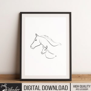 Horse and Foal Single Line Drawing, Horse Wall Art, Nursery Prints, Animal Wall Decor, Minimalist Kids Room Art Decor, Animal Line Drawing,