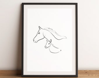 Horse and Foal Single Line Drawing, Horse Wall Art, Nursery Prints, Animal Wall Decor, Minimalist Kids Room Art Decor, Animal Line Drawing,