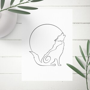 May include: Line art drawing of a wolf howling at the moon. The wolf is depicted in a simple, minimalist style, with a single continuous line forming its body and head. The moon is a circle behind the wolf.