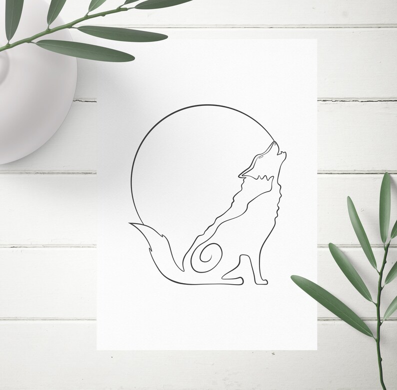 May include: Line art drawing of a wolf howling at the moon. The wolf is depicted in a simple, minimalist style, with a single continuous line forming its body and head. The moon is a circle behind the wolf.