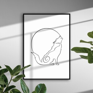 May include: A black and white line drawing of a wolf howling at the moon. The wolf is depicted in a single continuous line, creating a minimalist and modern aesthetic.