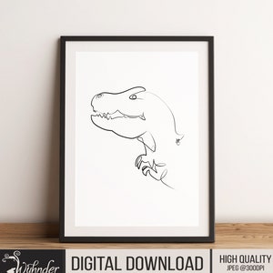 Puede incluir: Un dibujo en blanco y negro de un dinosaurio en un estilo simple y minimalista. El dinosaurio está mirando hacia el lado derecho de la imagen y tiene la boca abierta. El dibujo está enmarcado en un marco negro.