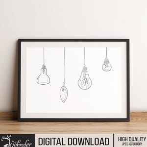 Dibujo de una línea de paisaje con bombilla, momento de la bombilla, garabato de bombilla, decoración del hogar, bombilla minimalista, impresión de póster