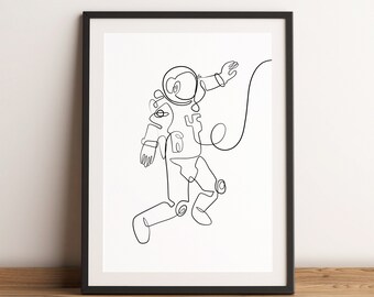Single Line Astronaut, Astronaut Wall Print, Space Wall Decor, Cosmonaut, Abstract Astronaut, Space Art, Minimalist Wall Decor, Hand Drawn