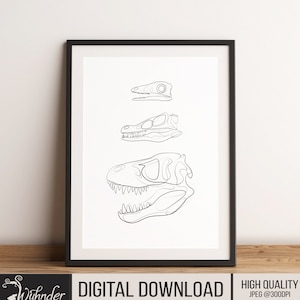 Single Line Carnivore Dinosaur Skulls, Dinosaur Wall Art, Dinosaur Wall Decor, Dinsaur Poster, Dinosaur Gift Idea, Jurassic Art,Dinosaur Fan