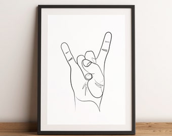 Rock on, Rock and roll, Continuous line , Hand, Hand Sign, Rock & Roll Poster, Abstract, Devil Horns, Sign of the horns, Rock On Art