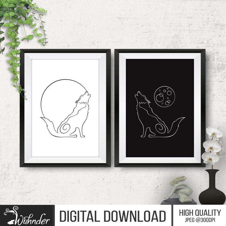 May include: Two digital prints of a wolf howling at the moon. The prints are in black and white, with one print featuring a white wolf on a black background and the other featuring a black wolf on a white background.