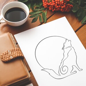 May include: Line art drawing of a wolf howling at the moon. The wolf is in profile, with its head tilted back and its mouth open. The moon is a simple circle behind the wolf.