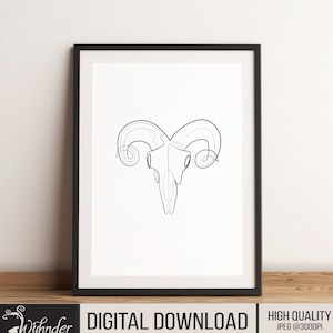Abstract Skull Print,Vintage Skull Art,Tattoo Illustration,Ram Skull Art, Single Line Drawing,Gothic skull print,Witch Decor,Ram Skull Decor