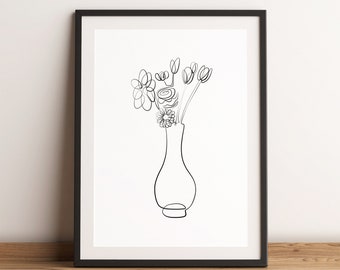 Single Line Flower Vase. Contemporary Art, Abstract Art, Flower Art Decor, Flower Wall Art, Flower Print, Dinning Room Decor, Modern Home,