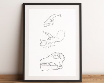 Single Line Herbivore Dinosaur Skulls, Dinosaur Wall Art, Dinosaur Wall Decor, Dinsaur Poster, Dinosaur Gift Idea, Jurassic Art,Dinosaur Fan