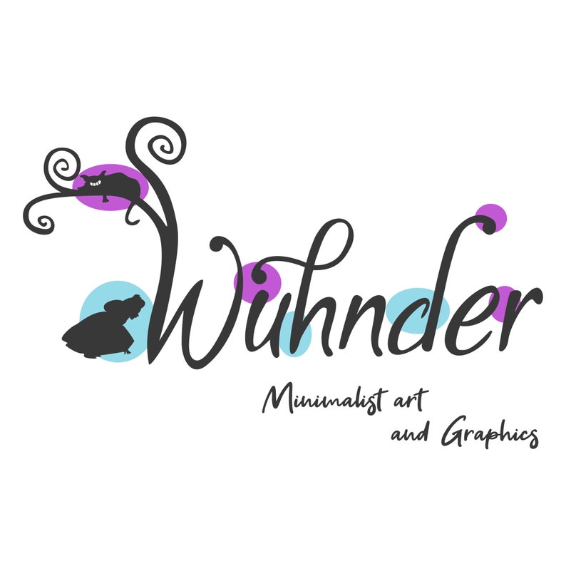 May include: A black and white logo with the word "Wunder" in a stylized font. The logo is surrounded by purple and blue circles. The text "Minimalist art and Graphics" is below the logo.