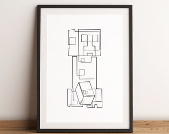 Block Creeper Abstract Line Drawing, Minimalist Art, Wall Decor, Block Character Art, Gaming Poster, Gaming Wall Decor, Line Art