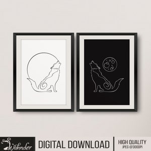 May include: Two digital prints of a wolf howling at the moon. The prints are in black and white, with one print featuring a white wolf on a black background and the other featuring a black wolf on a white background.