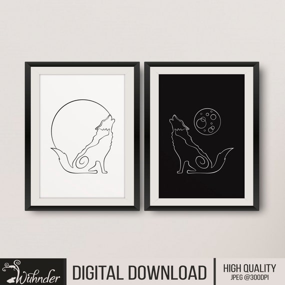 Abstract Wolves Howling Line Art |  Continuous line |  Sun and Moon | Light and Dark |  Wolf Home Decor | Wolf Wall Art |  Wolf Illustration
