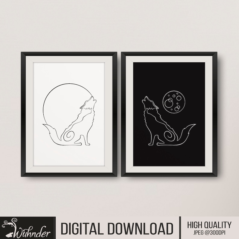 May include: Two digital prints of a wolf howling at the moon. The prints are in black and white, with one print featuring a white wolf on a black background and the other featuring a black wolf on a white background.