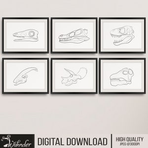 Set of 6 Dinosaur Skulls, Dinosaur Art Print, Single Line Drawing, T-Rex Skull, dinosaur Wall decor, Kids Decor, Dinosaur Lover, Dino Gift,