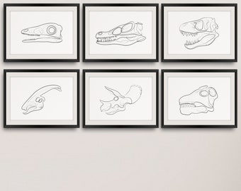Set of 6 Dinosaur Skulls, Dinosaur Art Print, Single Line Drawing, T-Rex Skull, dinosaur Wall decor, Kids Decor, Dinosaur Lover, Dino Gift,