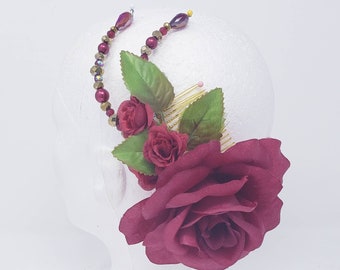 Spanish ballet floral headpiece, large rose - red, burgundy, white, cream