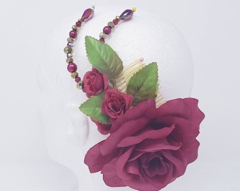 Spanish ballet floral headpiece, large rose - red, burgundy, white, cream