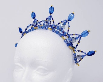 Beaded ballet tiara, headpiece - blue and gold