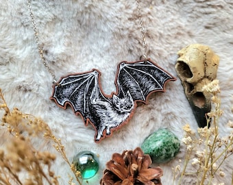 Large Bat illustrated necklace, wall hanging, responsibly sourced cherry wood, chain options available, by Grace Moth
