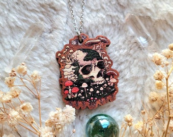 Here lies a Fungi illustrated necklace, responsibly sourced cherry wood, chain options available, by Grace Moth
