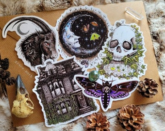 Dark Witch - Vinyl Sticker Bundle 10cm - Illustrated by Grace moth. Witchy, magic, gothic, moths, moon, black Phillip, fantasy