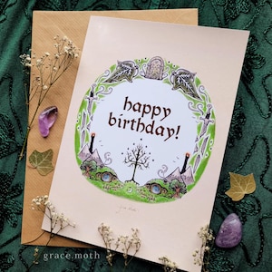 Carte d'anniversaire LOTR - carte de voeux A5 par Grace Moth - inspirée du Seigneur des anneaux illustrée - 5,8 x 8,3, rat de bibliothèque hobbit