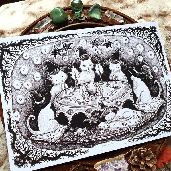 Cat Coven - version sombre - impression d'art A5 ou A4 par Grace Moth