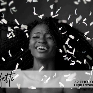 May include: A black and white photo of a person with curly hair laughing with confetti falling around them. The text "Confetti" is written in white on a gray background. The text "32 Photo Overlays High Resolution" is written in white on a gray background.