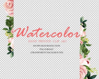 May include: A watercolor floral frame with pink roses and green leaves. The frame is perfect for adding a touch of elegance to your designs. The text "Watercolor" is written in pink at the center of the frame. The text "HAND PRINTED CLIP ART" is written in black below the word "Watercolor". The text "300 DPI HIGH RESOLUTION" is written in black below the text "HAND PRINTED CLIP ART". The text "PNG FORMAT" is written in black below the text "300 DPI HIGH RESOLUTION". The text "(TRANSPARENT BACKGROUND)" is written in black below the text "PNG FORMAT".