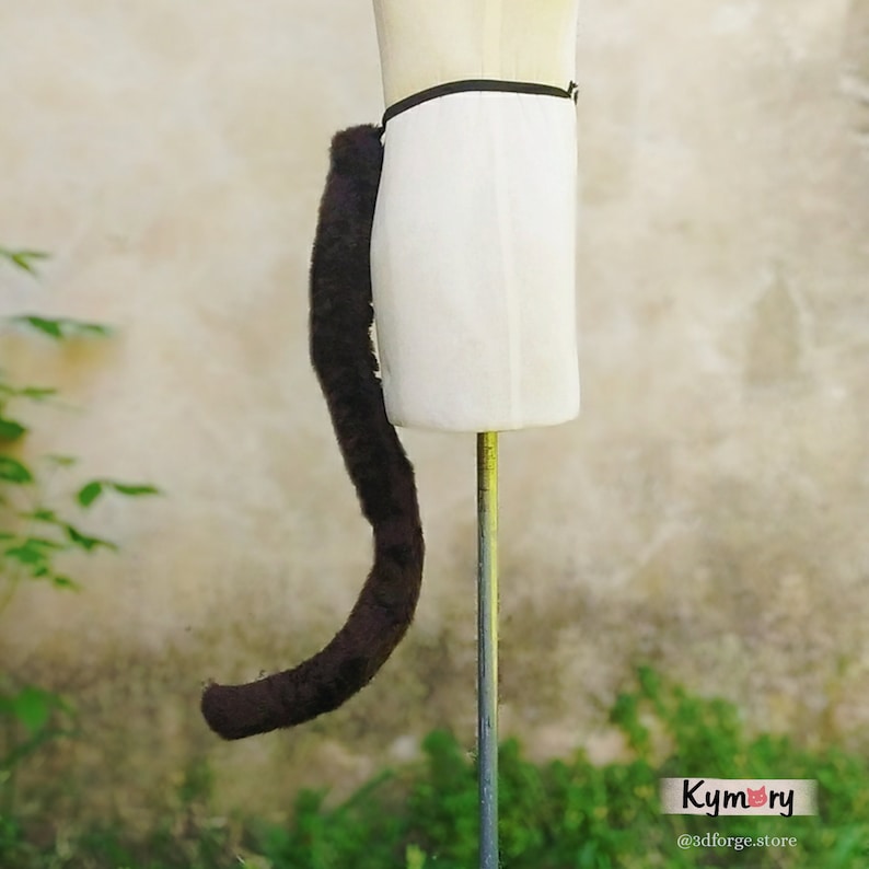 May include: A brown faux fur tail with a black elastic band for attaching to a belt or waistband. The tail is on a white dress form.
